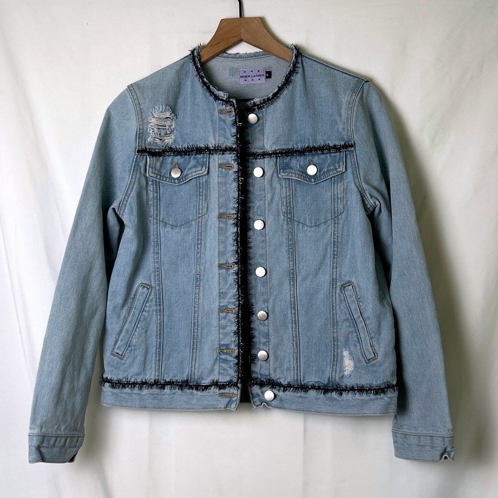 Denim Lashes Womens Fringe Distressed Collarless Denim Jacket Size M Light Wash